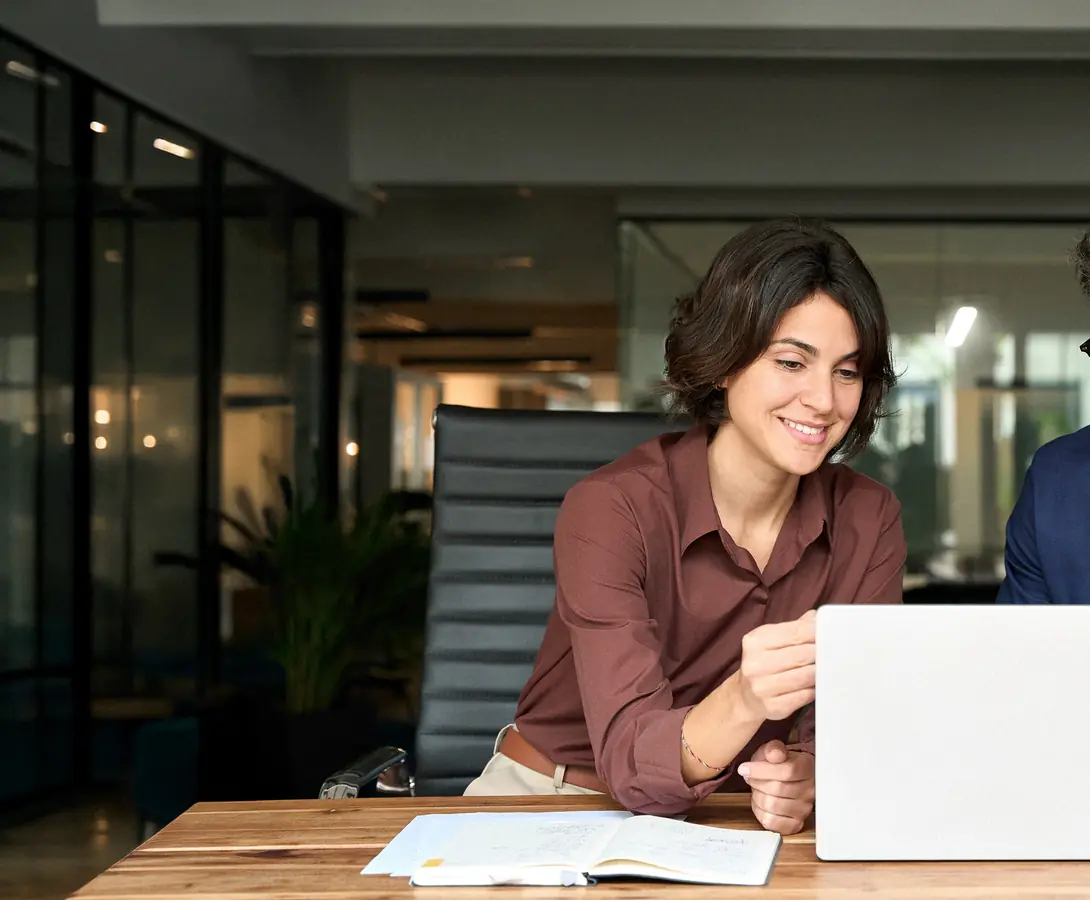 Two colleagues comparing options on a laptop