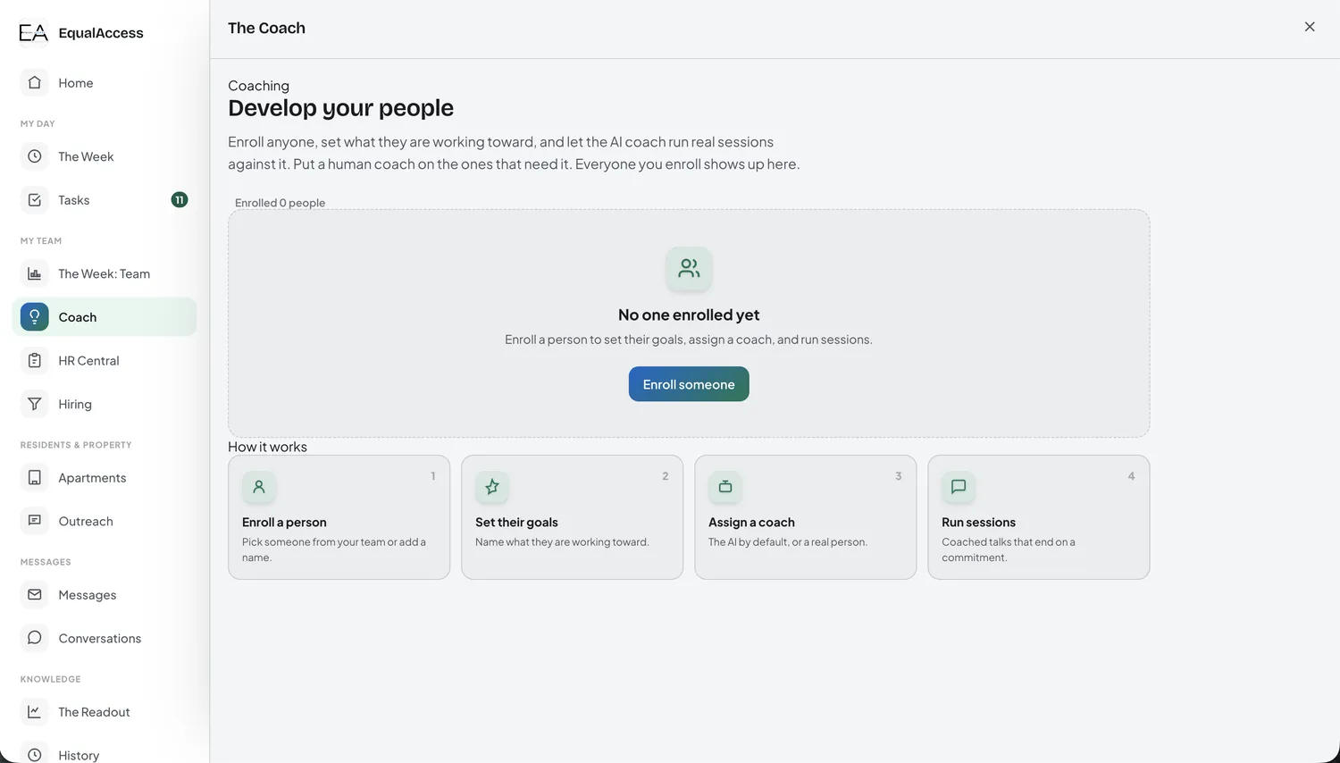 The Coach screen for enrolling people and running coaching sessions