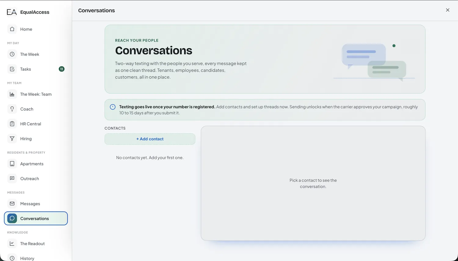 The Conversations screen for two-way texting with contacts
