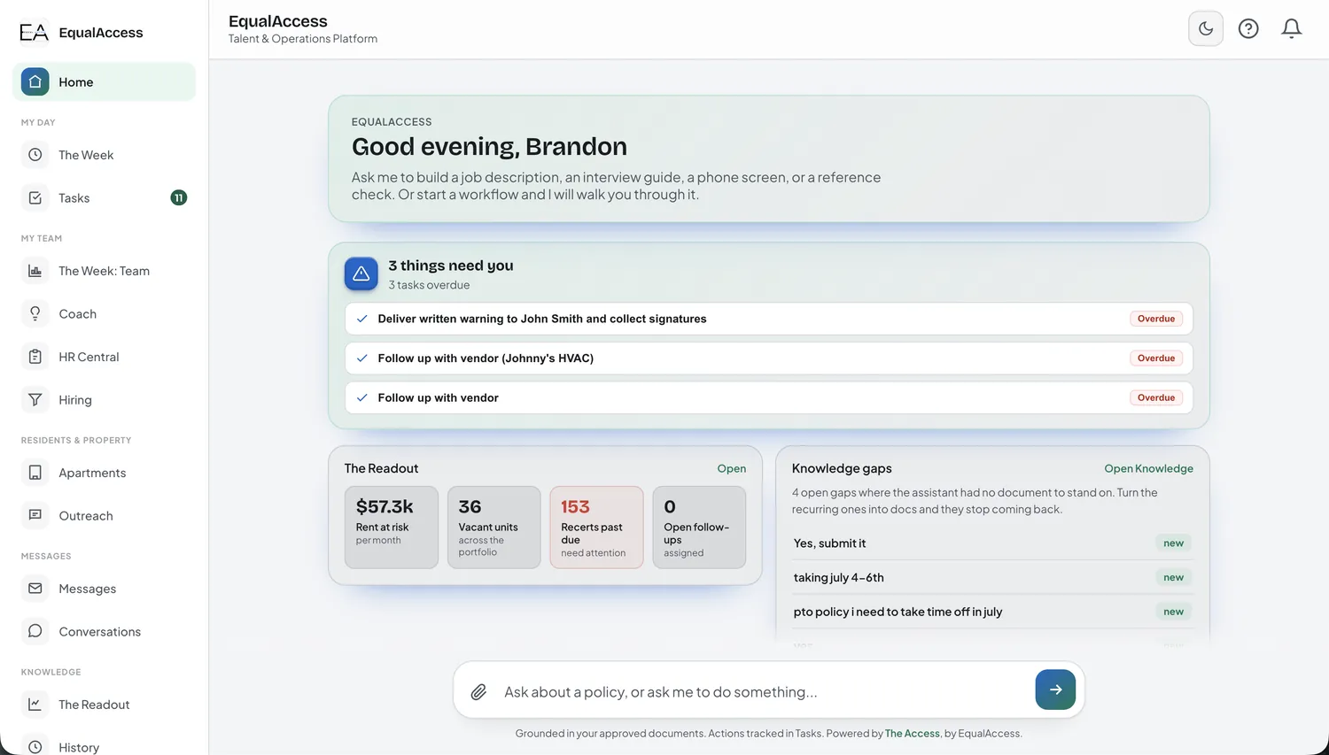 The Access home screen showing tasks that need attention, The Readout, and knowledge gaps